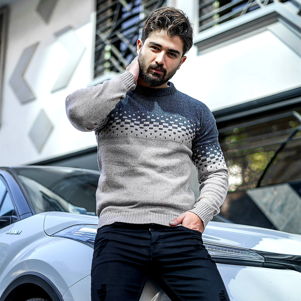 پلیور مردانه دو رنگ ذغالی کرم مدلShatel