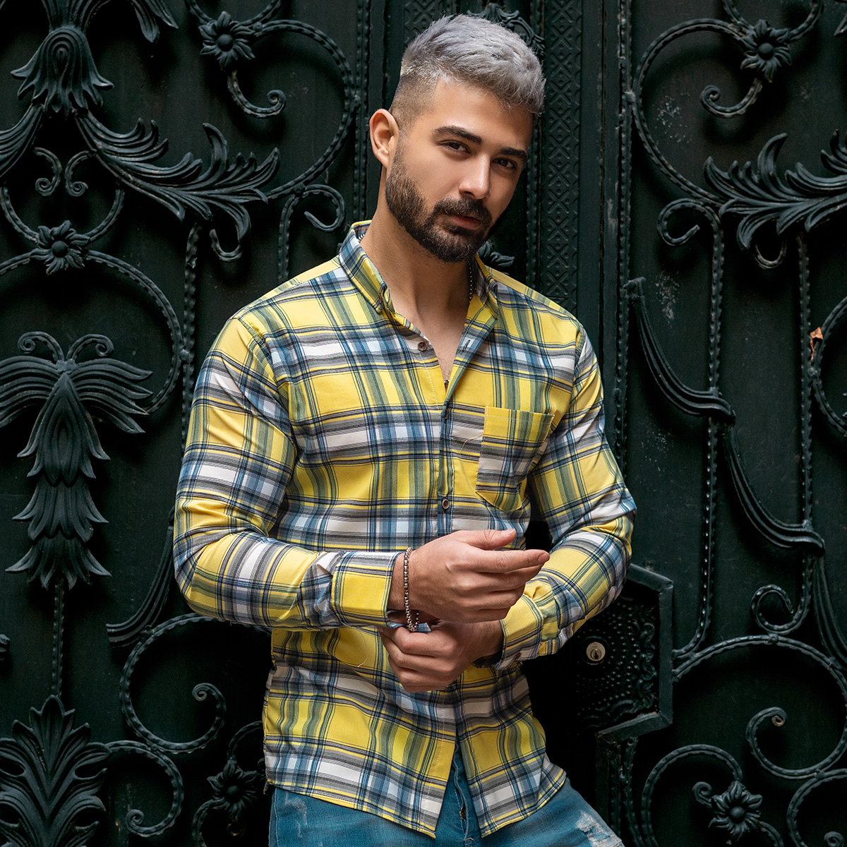 پیراهن مردانه چهارخونه لیمویی مدل Damin
